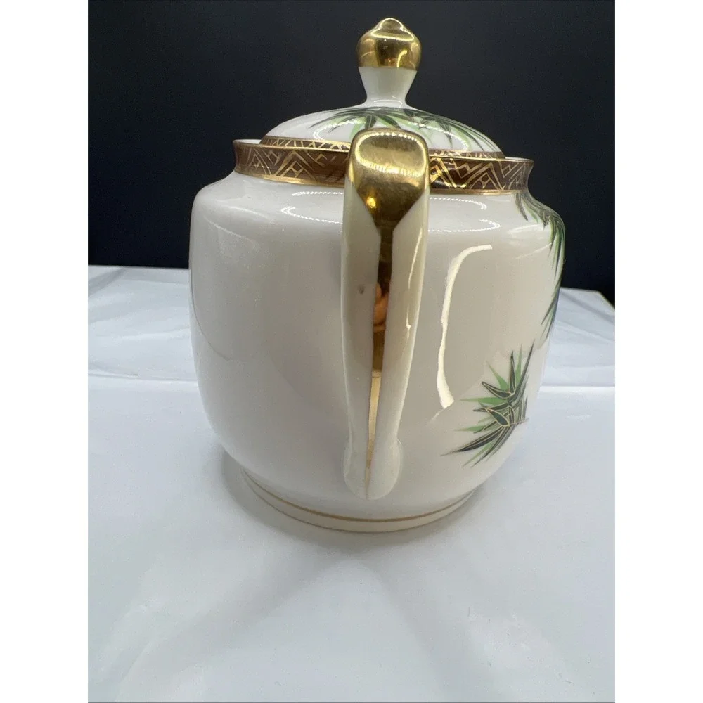 Vtg Hakusan China Covered Sugar Bowl Hand Painted Green Bamboo Gold Trim Japan